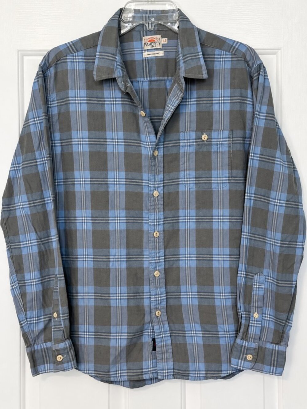 Faherty Men’s L Organic Cotton Plaid Button Down Shirt Blue Gray Cream